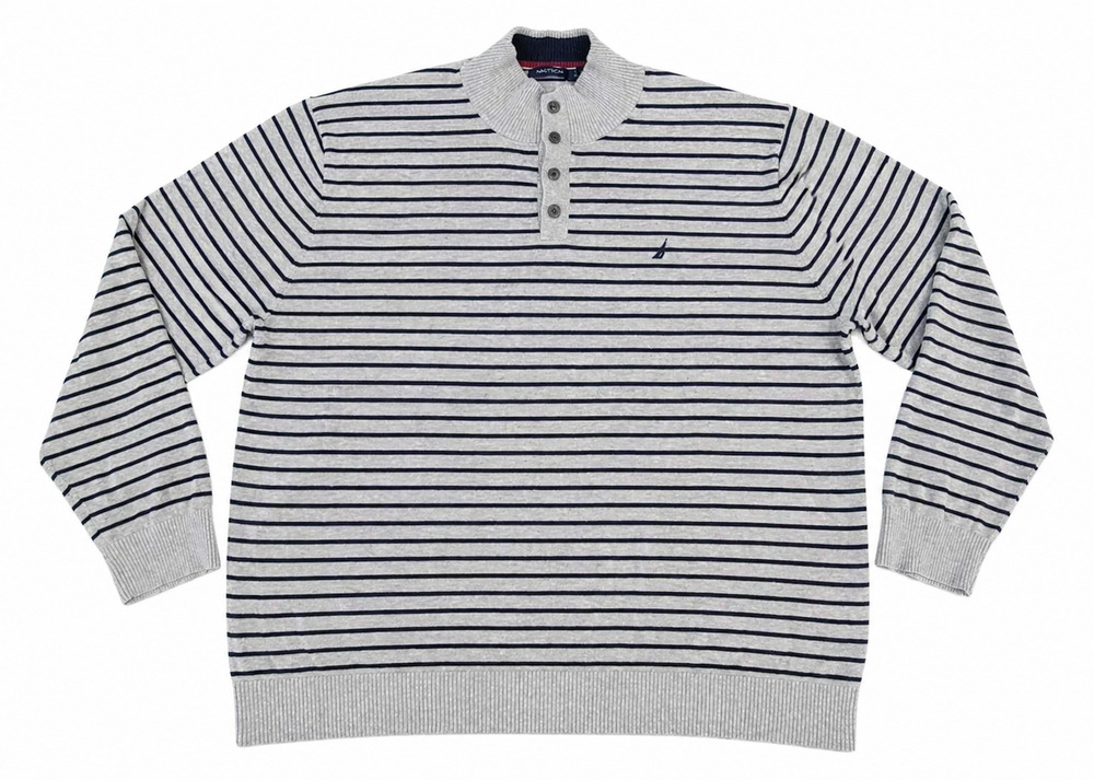 Nautica Mens 3XL Gray Navy Striped Sweater Cotton Pullover Mock Neck Knit Preppy